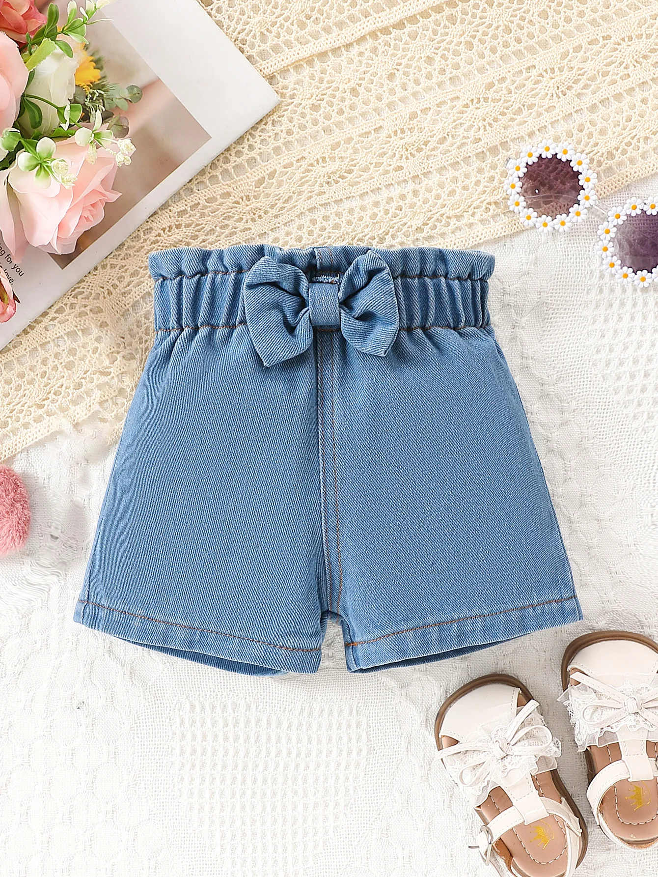 1pc Summer Girls Denim Shorts, Bow Waistband with Butterfly Print, Sweet Casual Style, Daily/School Wear, 1-2Y, Breathable Fabri