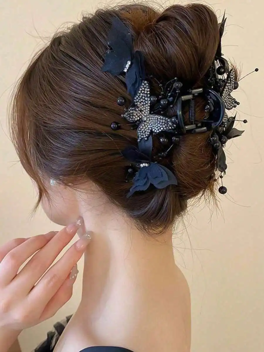 

Elegant Oversized Claw Hair Clip With Butterfly And Pearl Decor For Women