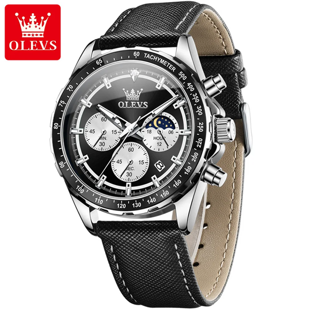 OLEVVS-Reloj de pulsera de cuarzo para hombre, cronógrafo brillante, resistente al agua, multifunción, fase lunar, 2945 Original