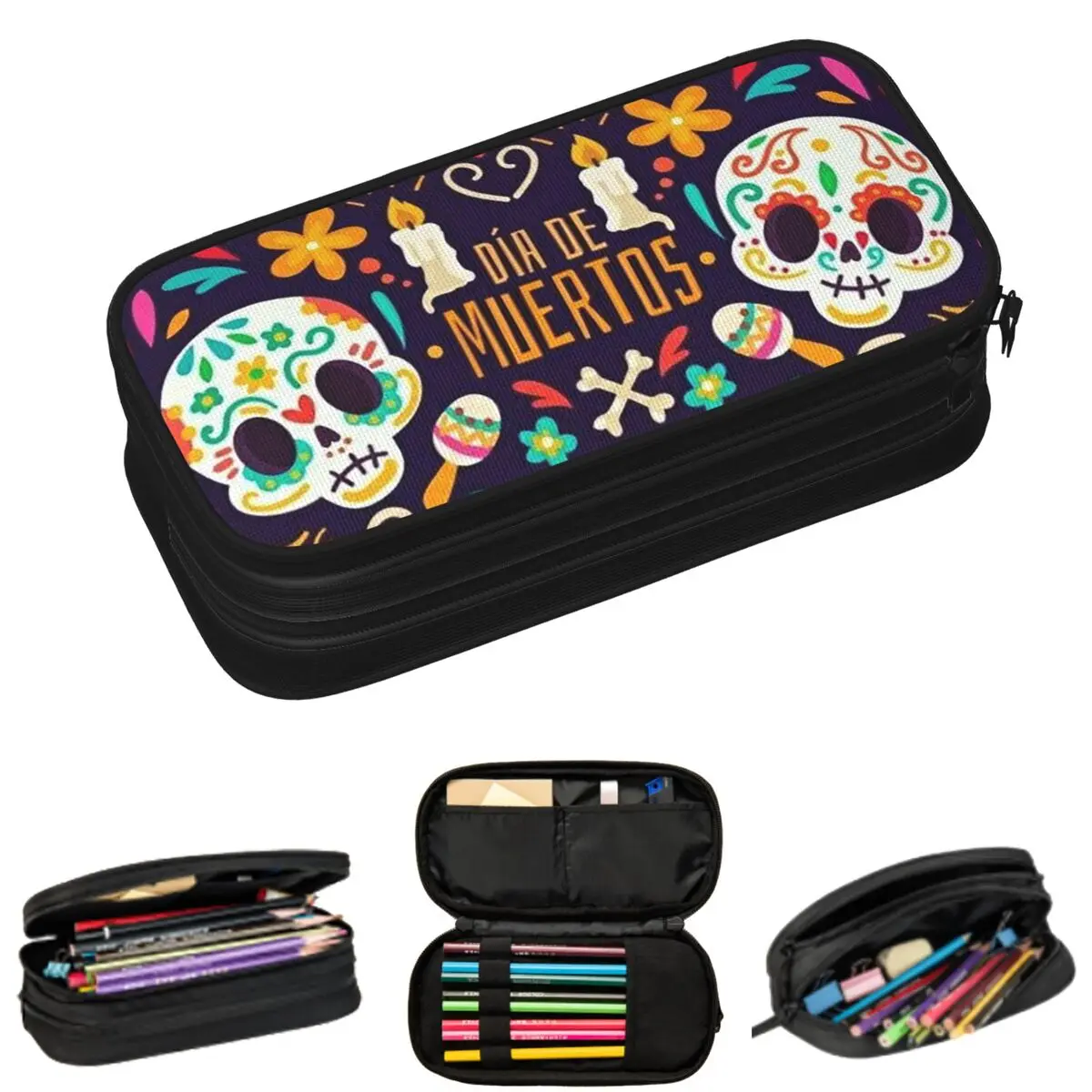 

Sugar Skull Mexican Day Of The Dead Dia De Los Muertos Pencil Cases for School Pen Box Pencil Bag Big Capacity Pencil Pouch
