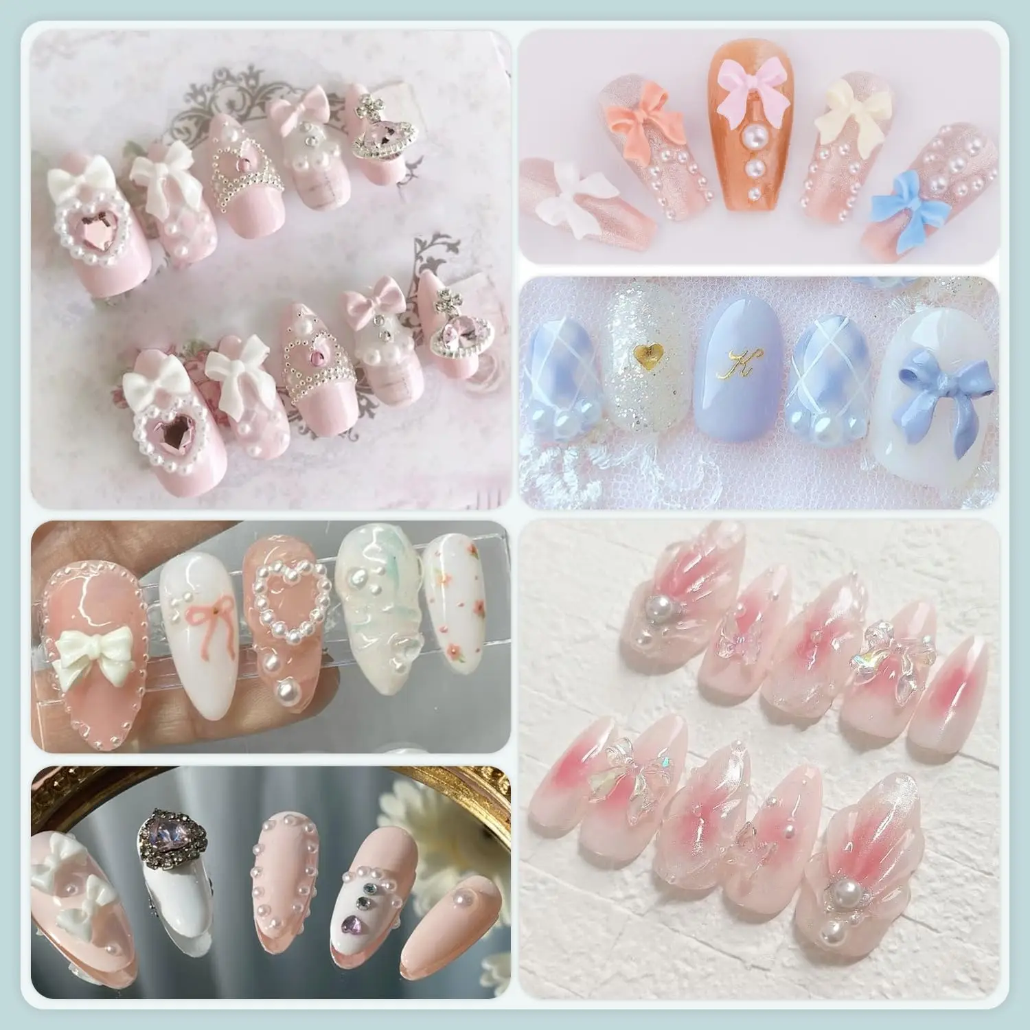 500 Pcs 3D Nail Charms and Flatback Pearls Set 1, 8 Colors Nail Bows Charm + Pink&White Star Heart Moon Cute Nail Jewels 2-4mm