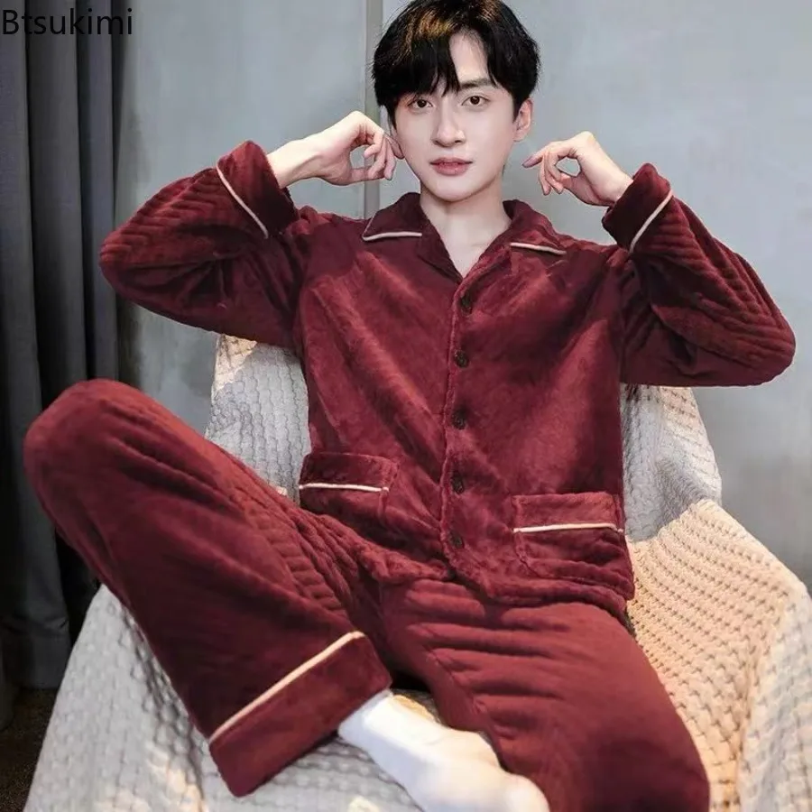 

Men's Pajama Sets Flannel Pajamas Autumn Winter Thickening Warm Suit Long-sleeved Loose Home Clothes Can Be Worn As Outerwear