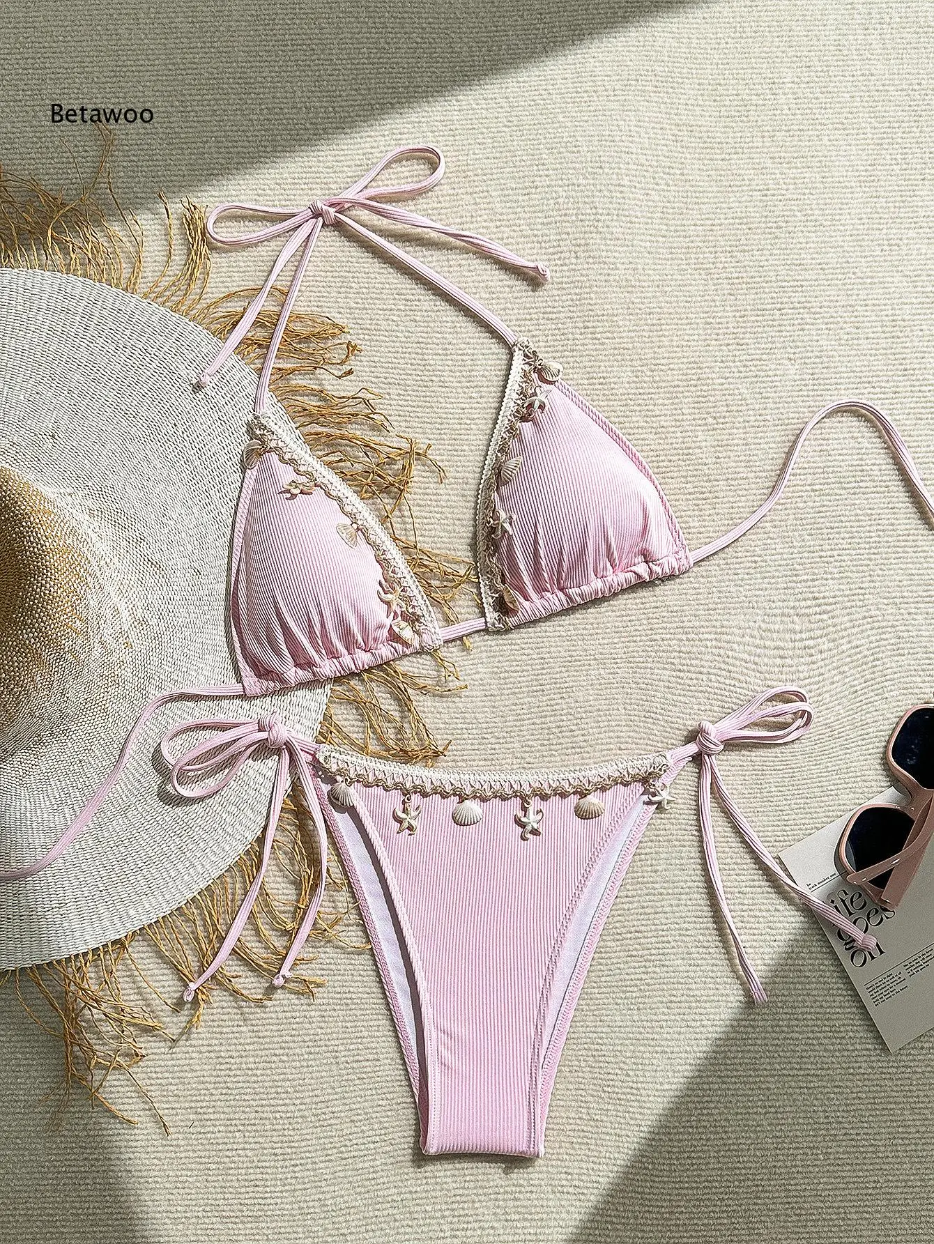 

Coastal Style Ribbed Pink Lace Trim Triangle Tie Bikini Swimsuit