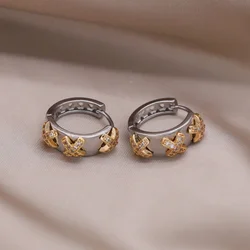 2024 French new design fashion jewelry two-color plated zircon cross hoop earrings elegant women's daily work accessories