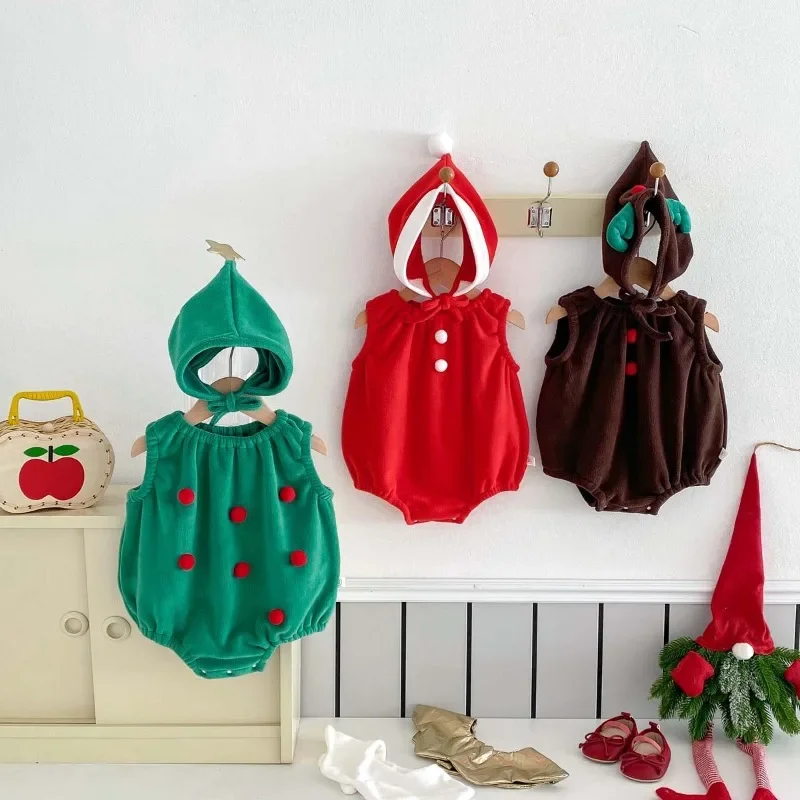 Christmas Costumes Autumn Baby Girls Clothes Twins Boy Romper Bodysuits Baby Sets Infant Baby Velvet Pullover Jumpsuits with Hat