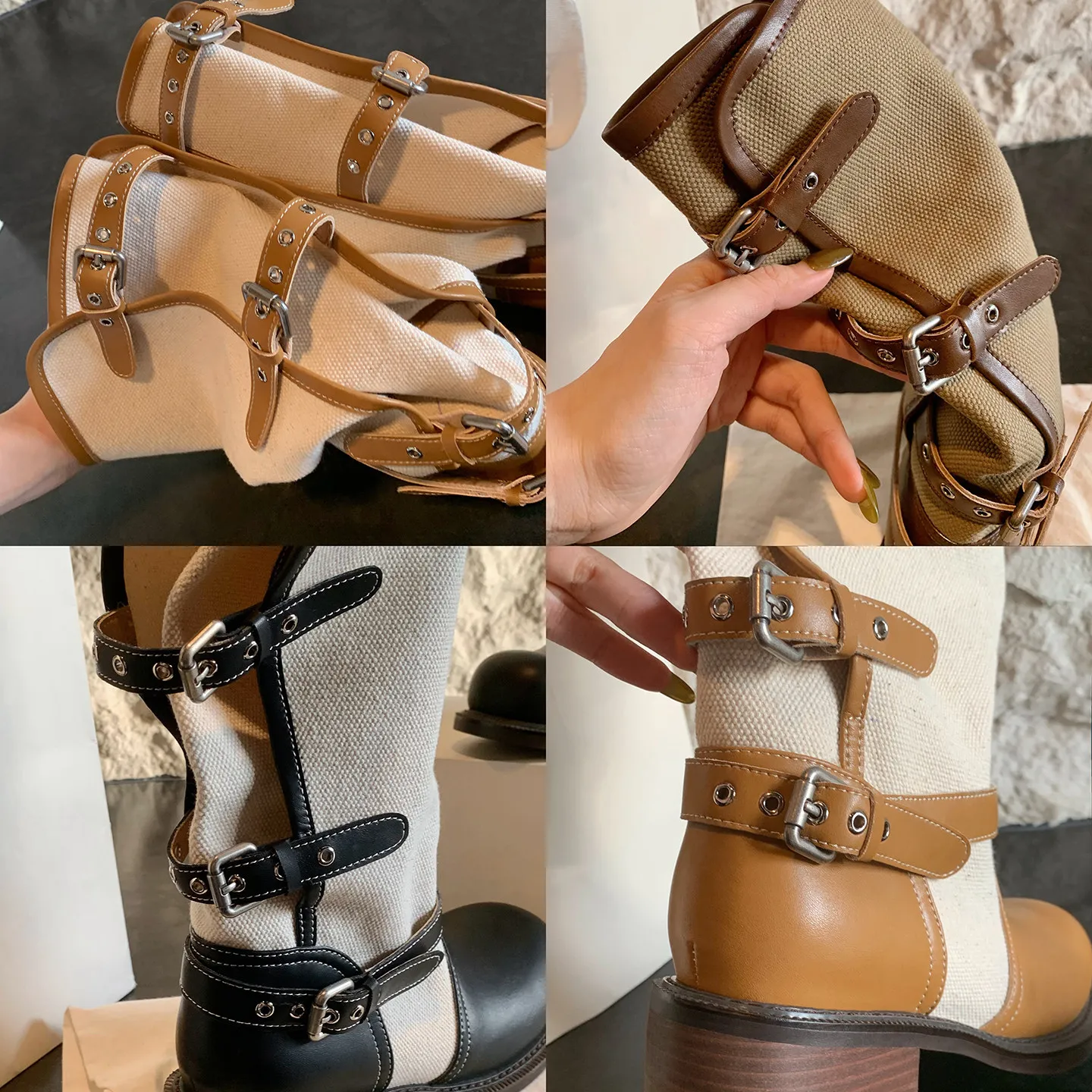4cm Thick Heel~Fold Over Double Belt Buckle Boots Women 2026 New Color Blocked Round Toe Midsole Knight Boots Women Shoes
