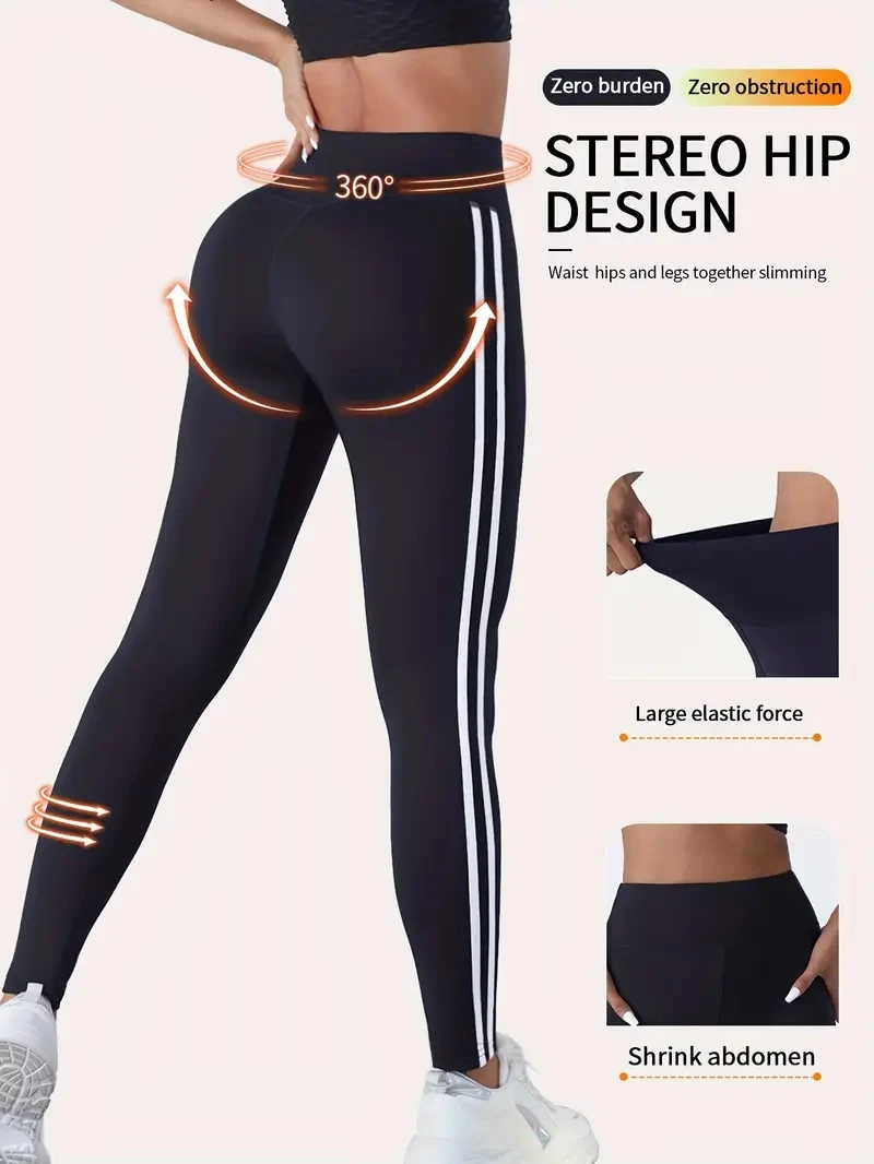 Side stripe two-bar printed slim-fit women's yoga fitness pants for outdoor running, high-waisted tummy control shaping leggings