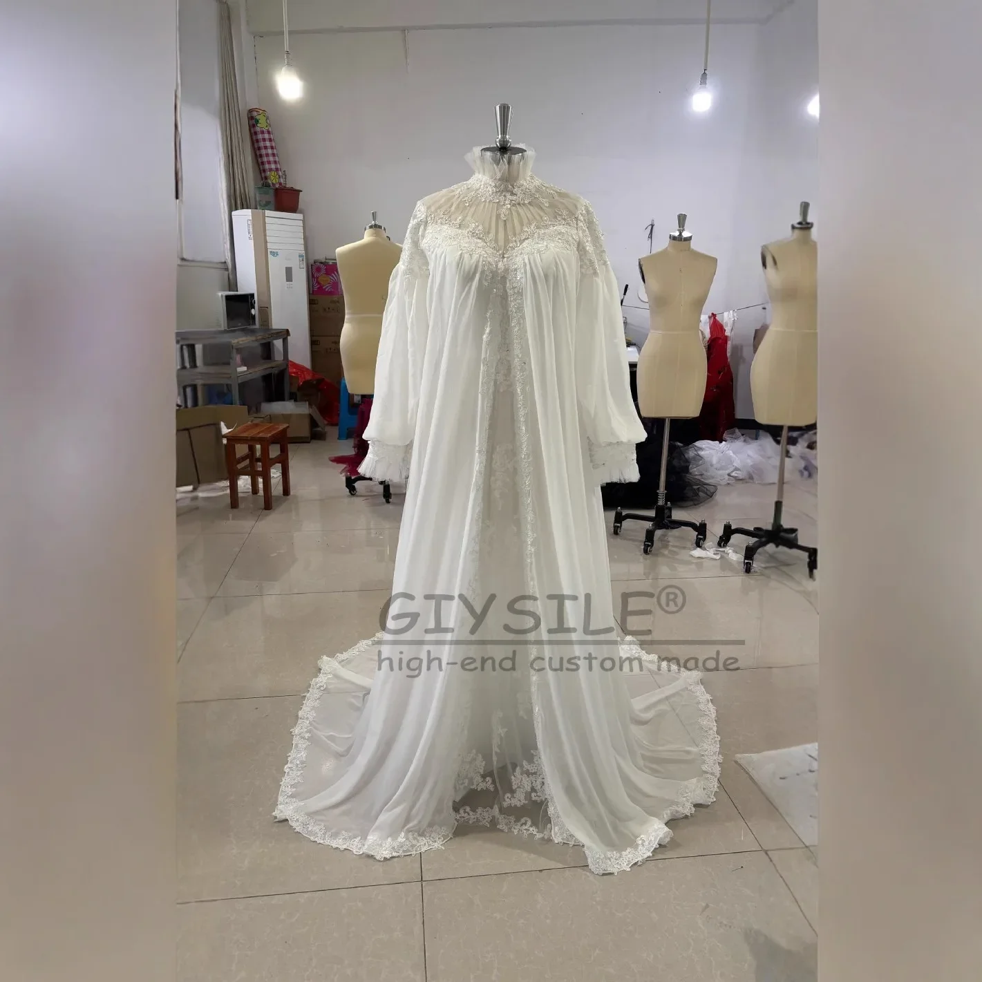 GIYSILE Aangepaste chiffon applicaties moslim trouwjurken lange mouw hoge hals bruidsjurk Arabische Dubai vestidos de novia