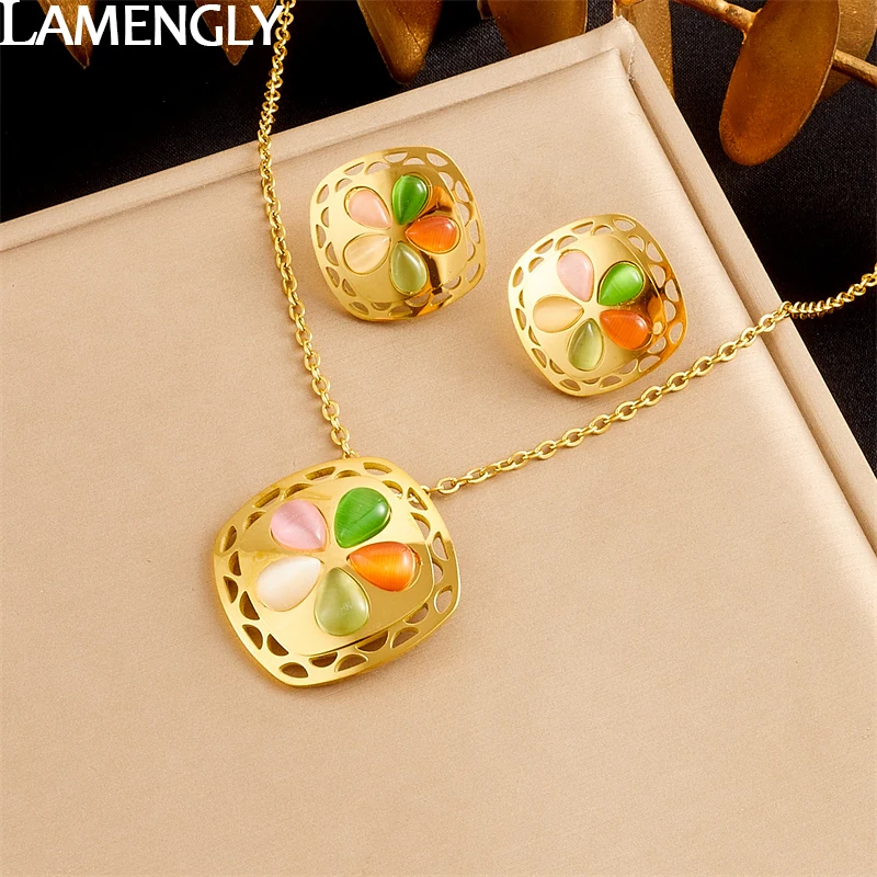 

LAMENGLY 316L Stainless Steel Candy Color Water Droplet Hollow Metal Pendant Necklace Earrings For Women Trendy Girl Jewelry Set