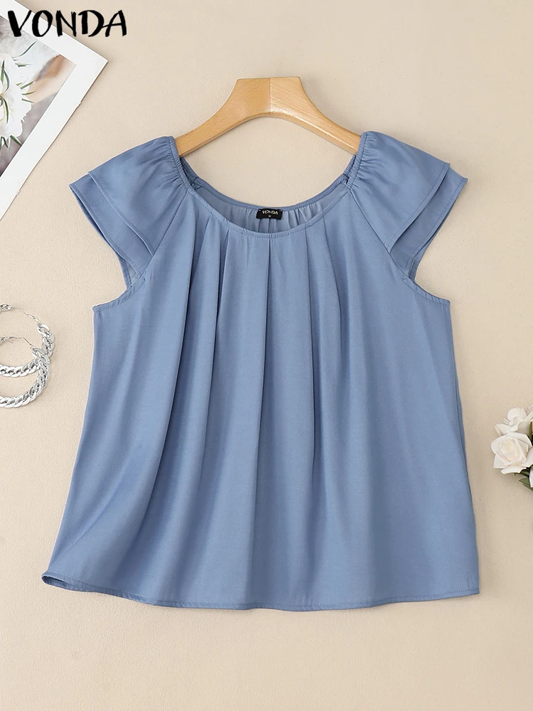 VONDA Plus Size Blouse Women Summer Denim Shirts Ruffled Big Size Blouse Short Sleeve Tunic Tops Casual Loose Solid Color Blusas
