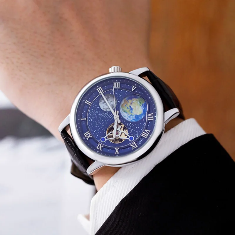 SKONE Rotating Earth Second Hand WristWatch Noctilucent Men Automatic Mechanical Watch Starry Sky Leather Watchband