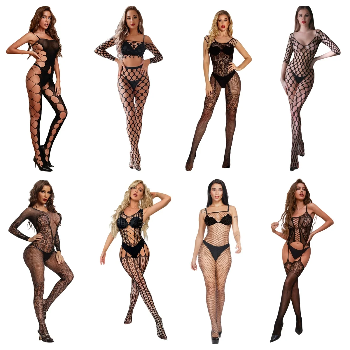 Women's Sexy Lingerie See-through Mesh One-piece Open Body Stocking for Woman Lace Fishnet Bodysuit Uniforms Stockings Underwear