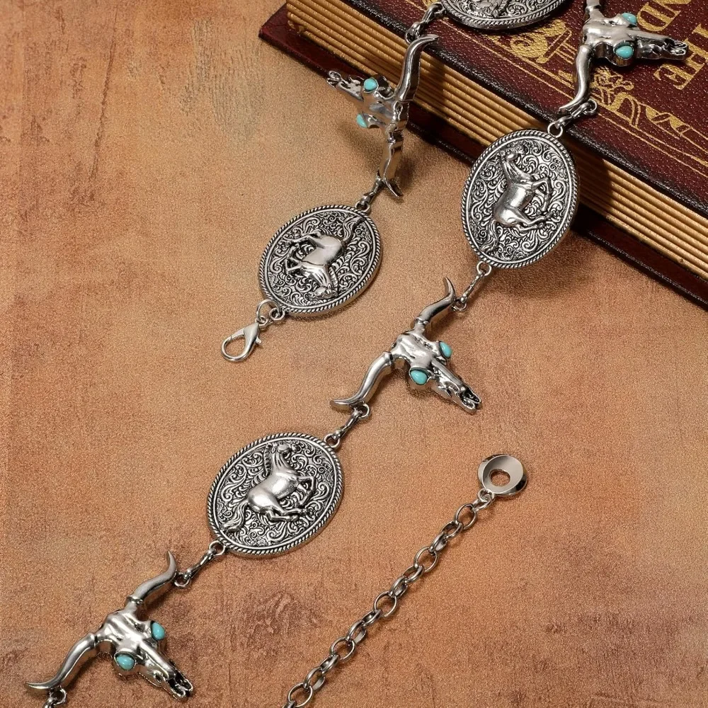 حزام كونشو معدني غربي للنساء، أحزمة سلسلة كلاسيكية لراعية البقر بوهو الفيروزية لفساتين الجينز