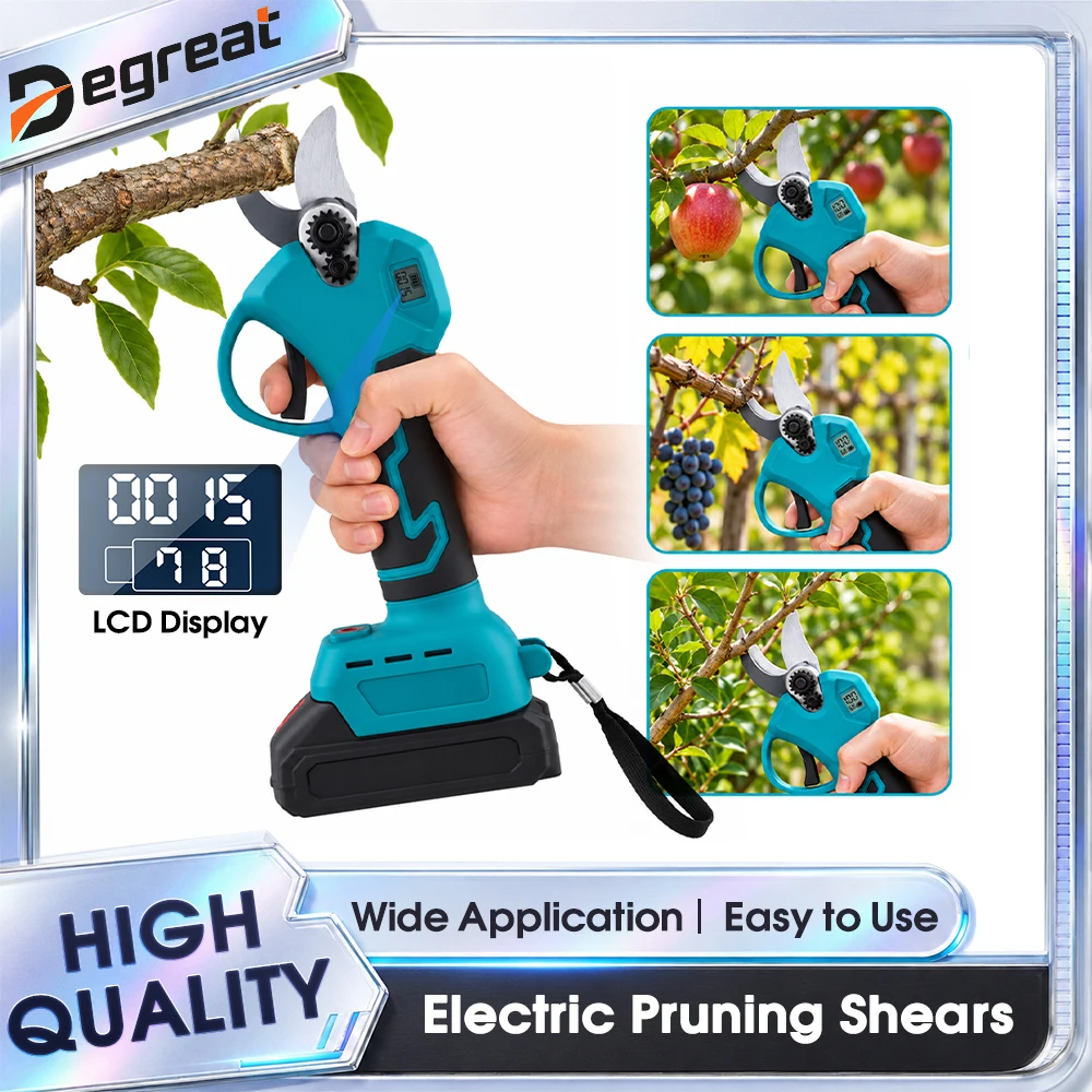 Degreat bürstenlose elektrische Gartenschere, kabelloses elektrisches Gartengerät, Obstbaumschere für 21-V-Batterie, Astschneider, hochfester Kohlenstoffstahl.