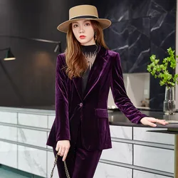 High Quality Velvet Formal Women Business Suits Female Pantsuits with Pants and Jackets Coat Professional Career Blazers Set