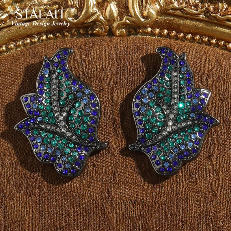 

Vintage Rhinestones Crystal Leaf Earrings Stud Blue Green Antique Accessories For Women Wedding Luxury Quality Jewelry New 2025