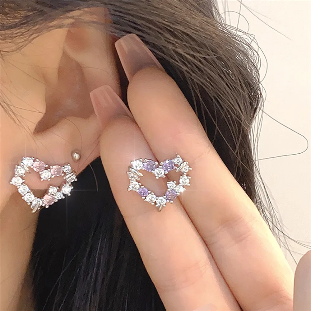 

Designer Style Contrast Color Zircon Powder Purple Zircon Love Simple Personality Sweet Cool Cold Wind Niche Earrings Female
