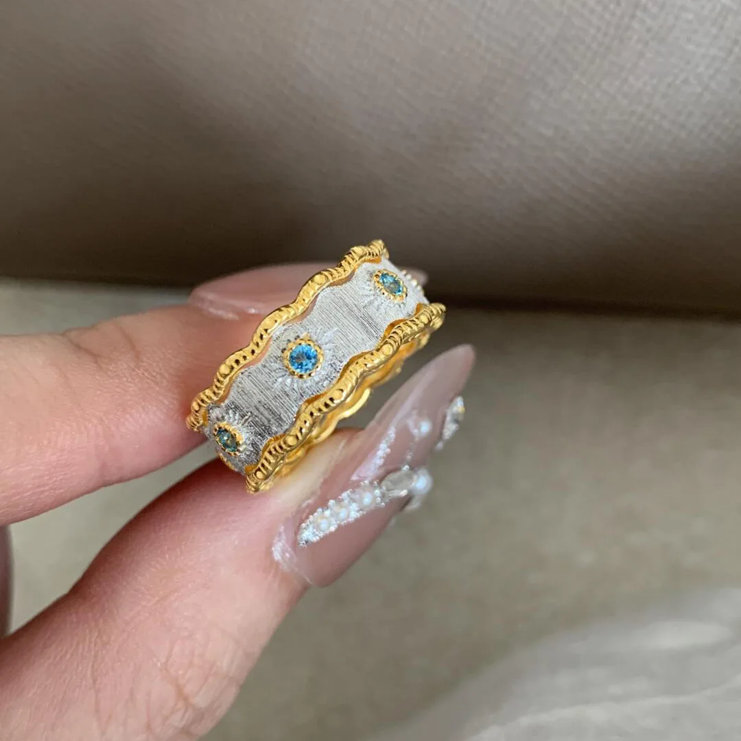 Vintage inlay diamond blue green wide brushed rings for women fashion light luxury and high-end ring adjustable banquet jewelry