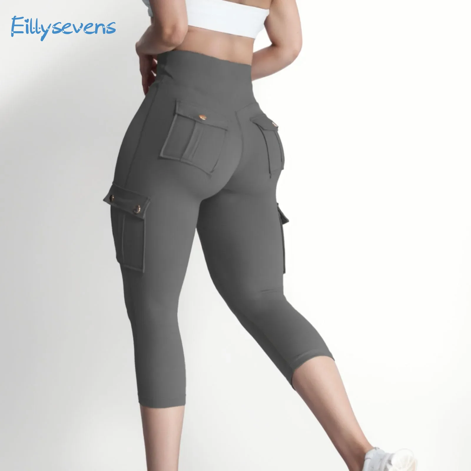 

Womens Capris Yoga Leggings Causal Fitness Jogging Sports 3/4 Length Capris Pants Solid Simple Elasticity Pants With Pockets