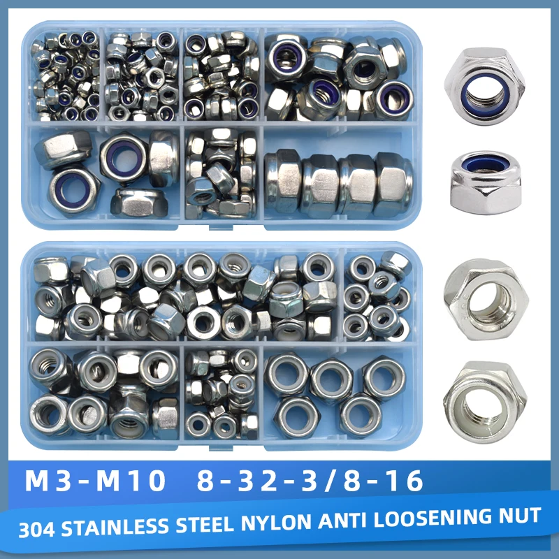 

M3 M4 M5 M6 M8 M10 M12 1/4-20 3/8-16 8-32 10-24 304 Stainless Steel Hex Nut Nylon Insert Lock Nut Self-locking Nylock Locknut