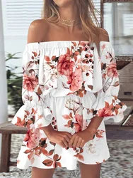 Lato na co dzień kobiety półdługi rozszerzany rękaw strona sukienka drukowanie głęboki dekolt panie Mini sukienka słodki seksowny wakacje Streetwear Vestidos