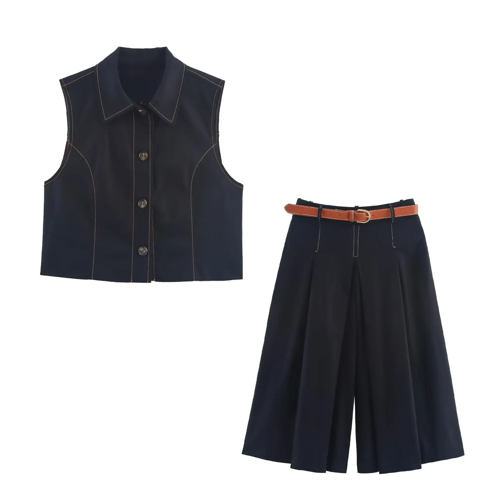 

2 Pieces Set for Woman New Sleeveless Contrast Stitching Straight Fit Vest+Belt Long Pleat Shorts Streetwar Fashion Outfit