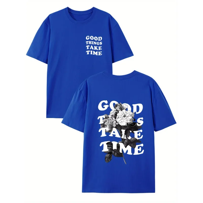 Good Things Take Time Printed American Retro Men's Cotton T-Shirt Comfortable Crew Neck Casual Short Sleeve Top T-Shirt