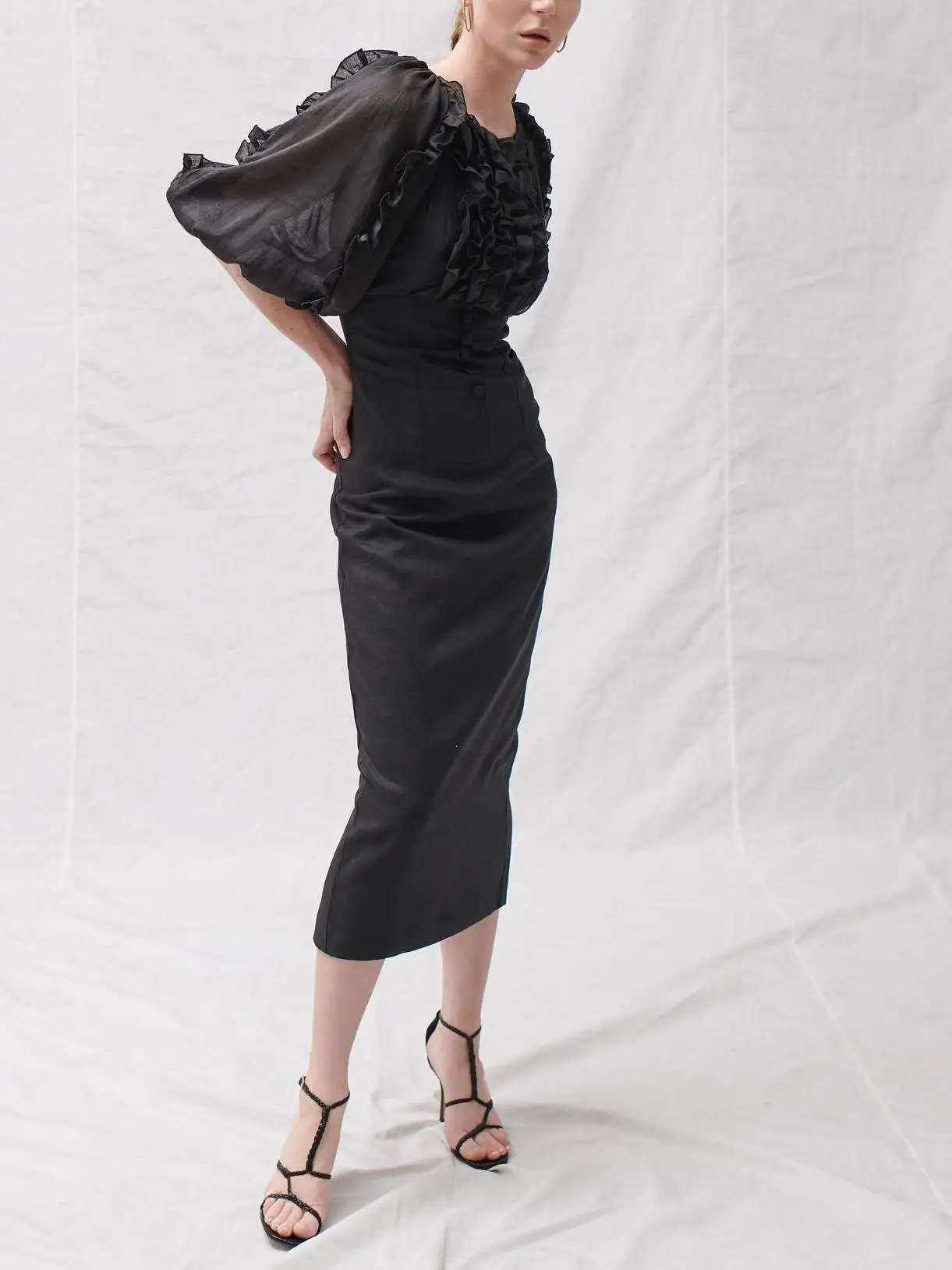 

Ele Pure Linen Slim Fit Dr with Puffy Sves And Wooden Design Spring Summer Faion Sweet High Waist Midi Skirt