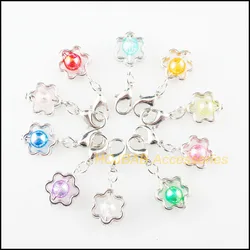 20Pcs Dull Silver Plated Flower Frame Mixed Mirage Resin Charms Pendants With Lobster Claw Clasps 11x16mm