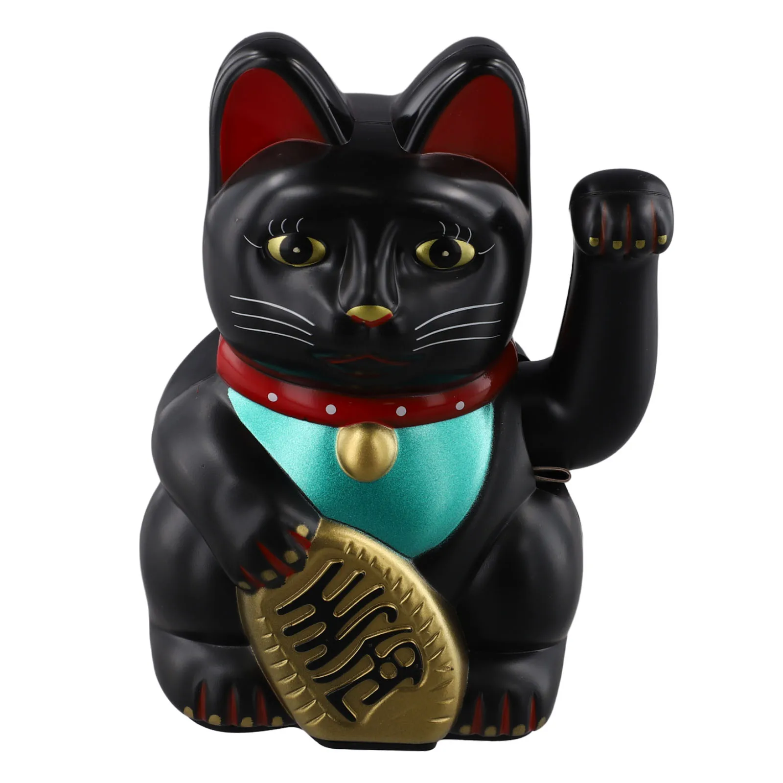 Maneki Neko Lucky Cat Solar Powered Gold Tone with Green Bib Bell and Golden Base for Office Living Room or Counter