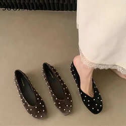 SUOJIALUN Autumn New Brand Women Flat Shoes Fashion Polka Dots Round Toe Shallow Slip On Boat Shoes Outdoor Dress Single Shoes