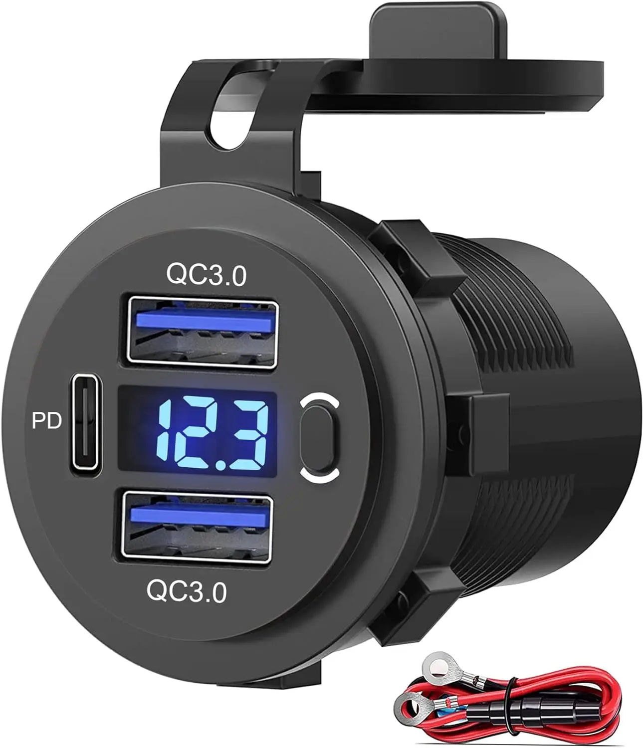 Caricabatteria da auto doppio USB Quick Charge 3.0 e PD USB-C con voltmetro e interruttore di alimentazione