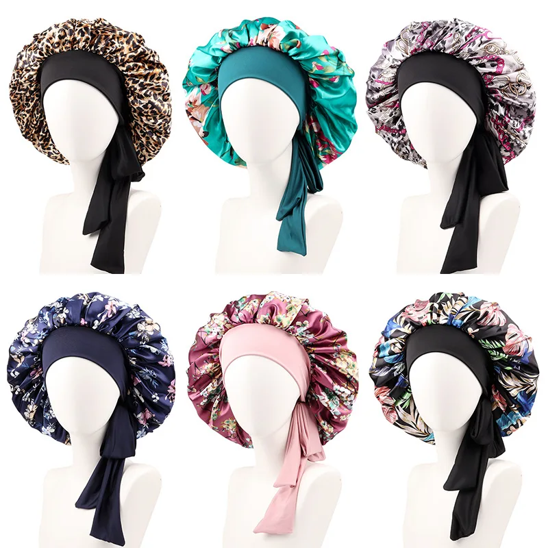 

Satin Double Layer Bonnet Flower Wide Tie Band Stretch Head Silky Bonnet Edge Wrap Nightcap Hair Care Shower Bonnet for Women