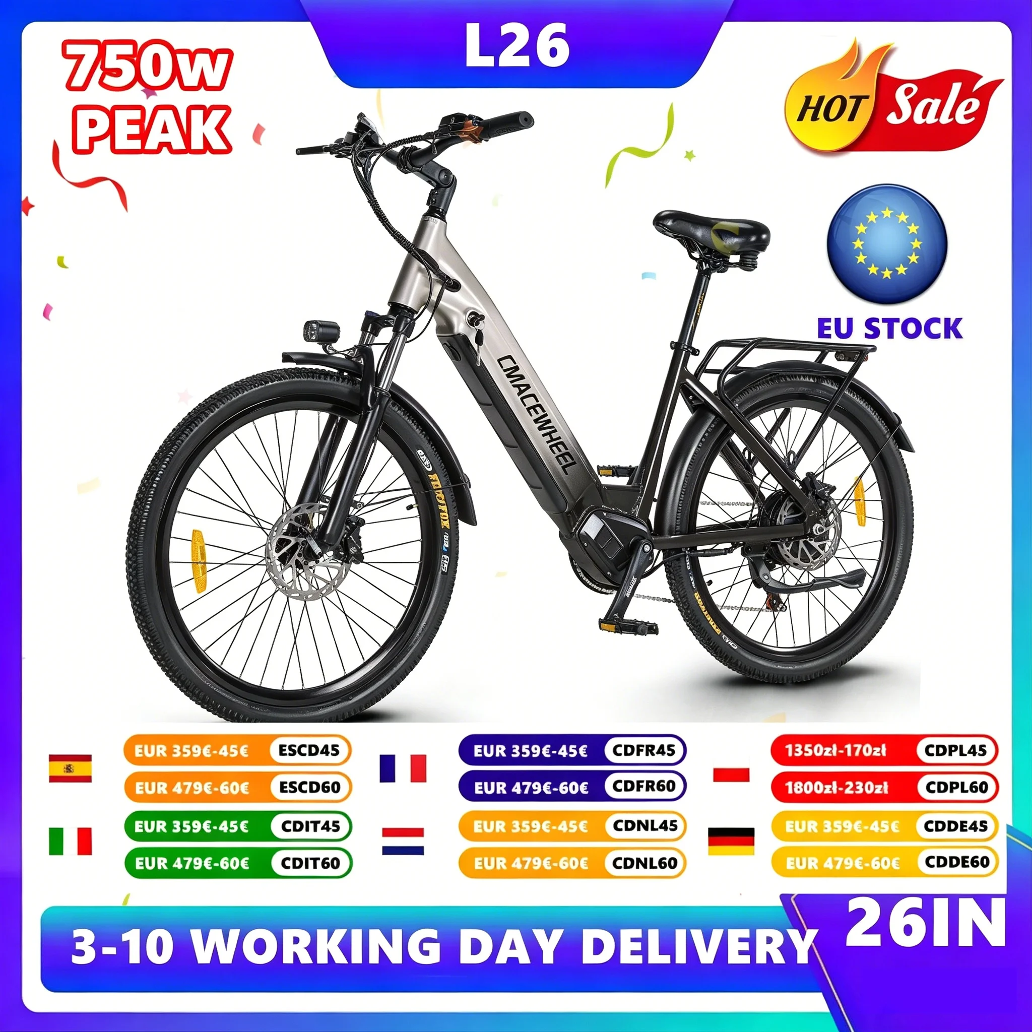 Vélo électrique 26'' pour adultes, batterie 48V 17AH, vélo électrique à assistance au pédalage, frein à huile, vélo de montagne électrique, PEAK 750W, vélo électrique de ville