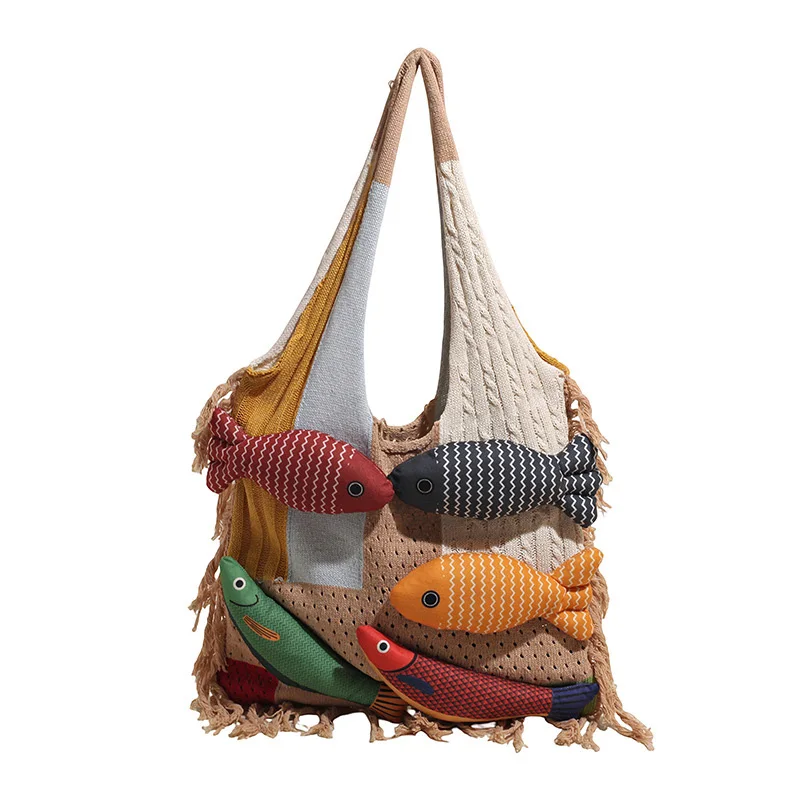 

Fish Doll Crochet Knit Shoulder Bag,Contrast Color Patchwork Large Capacity Women Tote Bag,Effortless Chic Boho Travel Handbag