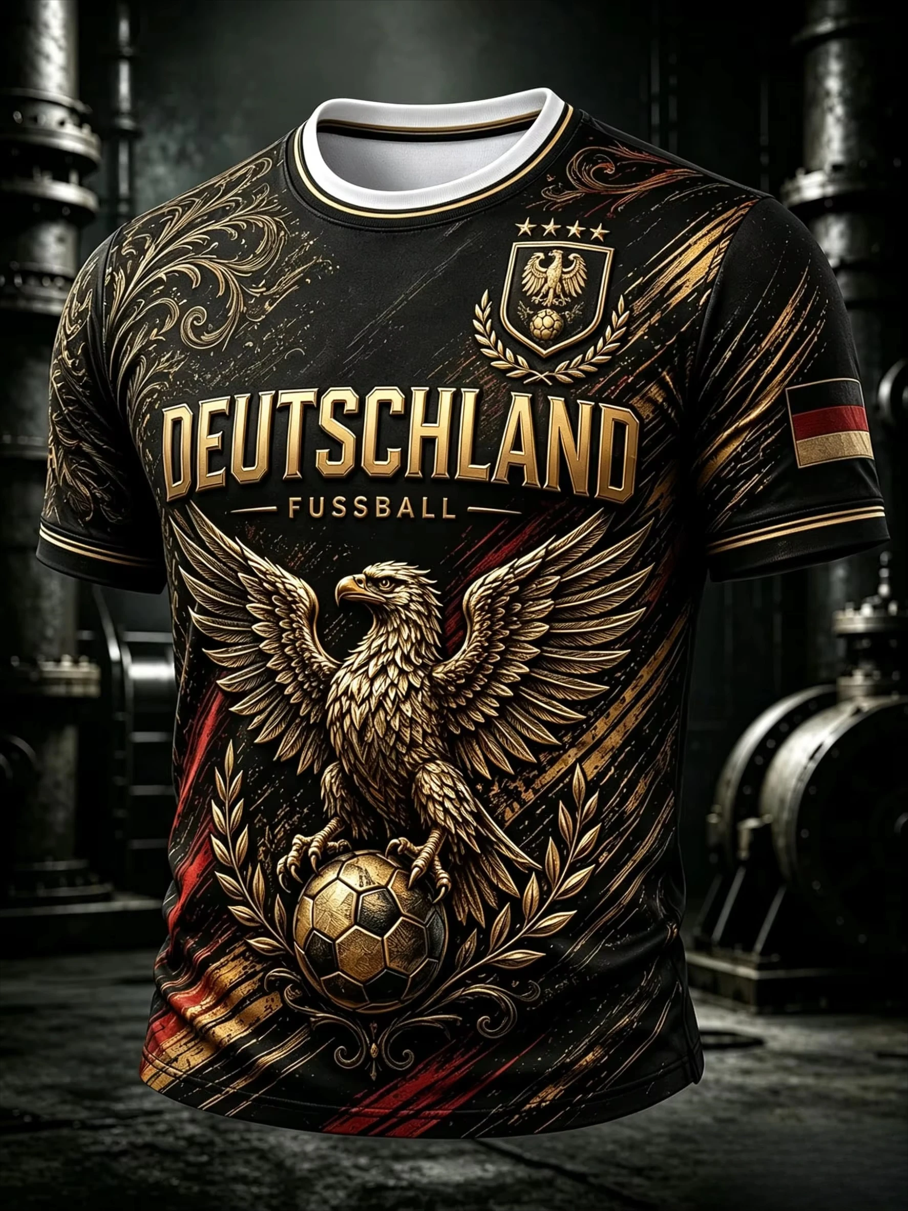 German 2026 3D Printed Football Jersey with Golden Eagle Print Quick Drying Football Shirt for Male Fans Sports Training Suit