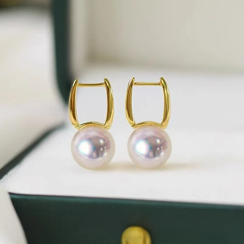 Natural Pearl Gold Bucket Earrings 9-10mm Akoya Pearl Earrings