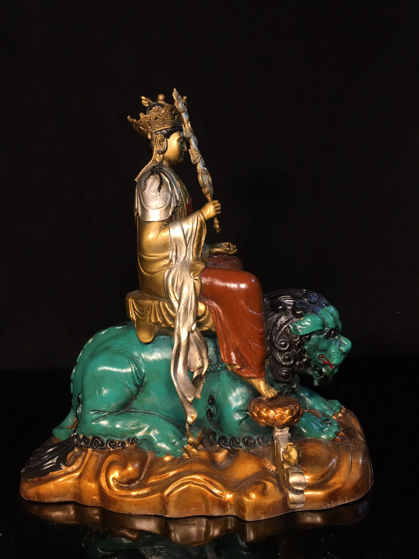 Folk Old Bronze Painted Manjushri Bodhisattva Samantabhadra Sitting Buddha mount mythical beast Amitabha Worship Hall