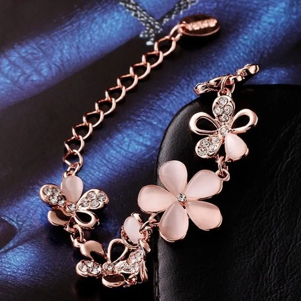 18K Rose Gold Charming Cat's Eye Opal Flower Chian Bracelet Women