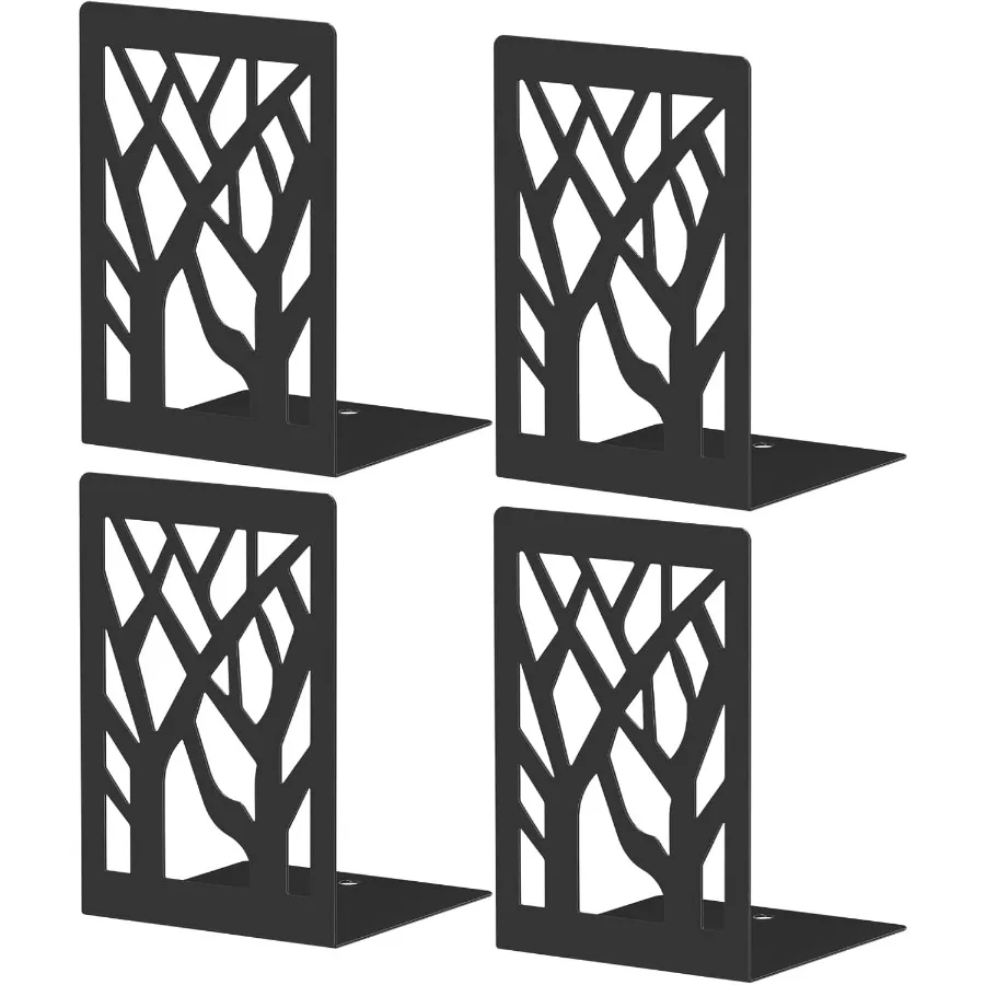 Bookends 4 Pieces Tree Design Modern Metal Bookends for Shelves Black Tree Book Ends tive Book Organizer for Desk tive Shelve B