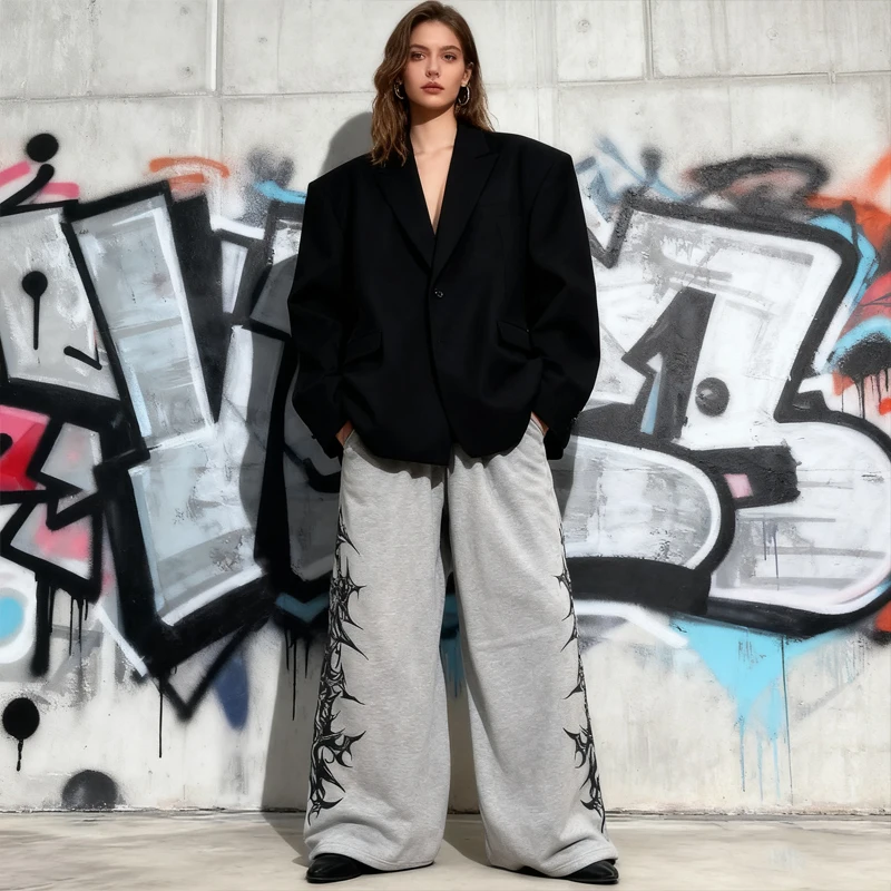 Nowe spodnie w stylu Y2K Gothic Eom na jesień/zimę, luźne, proste, z artystycznym wzorem, sportowe, outdoorowe, hip-hopowe, czarno-szare.