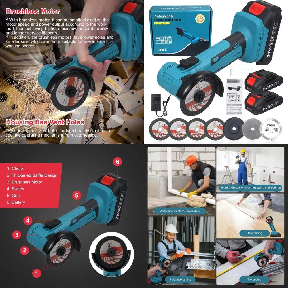 

21V Brushless Mini Angle Grinder Kit, 19000rpm with 2x2000mAh Batteries & 7 Discs for Metal, Wood, Polishing, and Rust Removal
