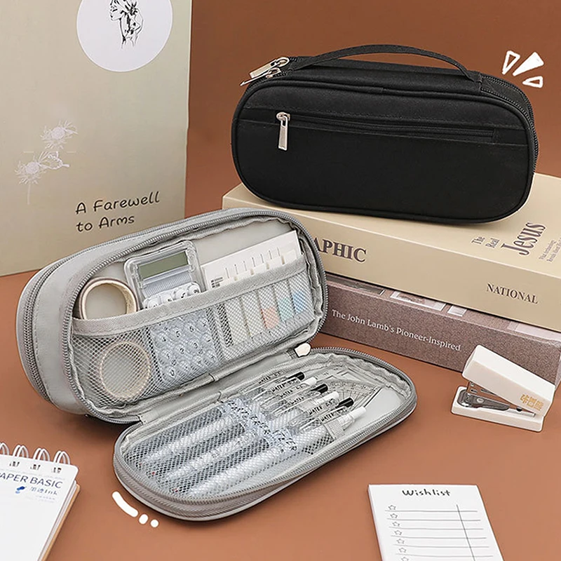 Fashion Solid Color Handheld Multi Layer Large Capacity Pencil Case Oxford Cloth Pencil Case Simple Stationery Storage Bag Gifts