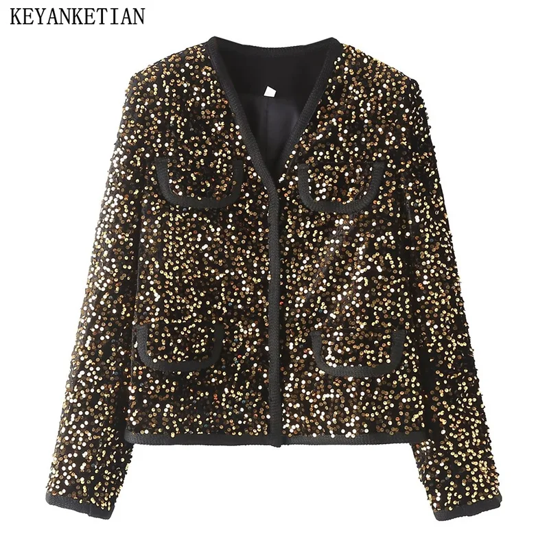 

KEYANKETIAN New Launch Luxury Sequined Decoration Women Cropped Suit Top Elegant Stylish Contrast Piping Shiny Blazer Outerwear