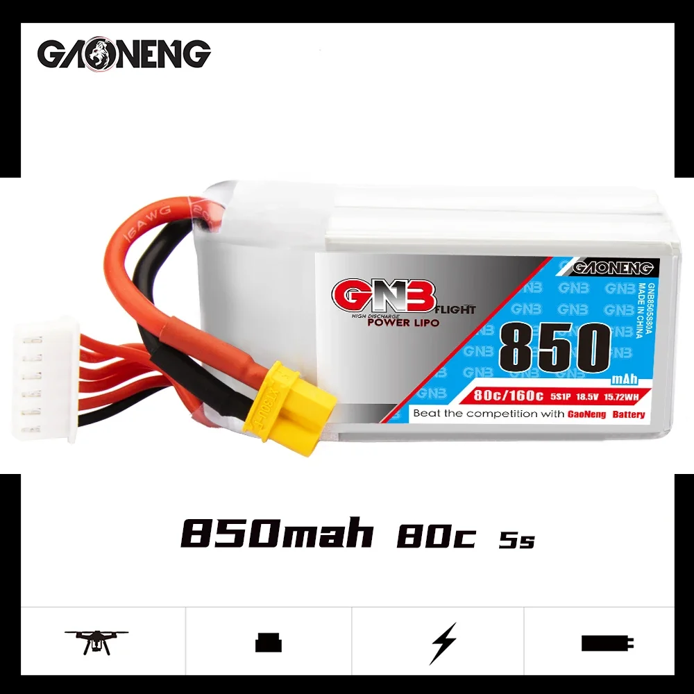 GAONENG GNB 850mAh 5S 80C 160C 18.5V XT30 LiPo Battery Square Type 3 inch Toothpick Drone Cine Whoop Cinelog Racing FPV RC Parts