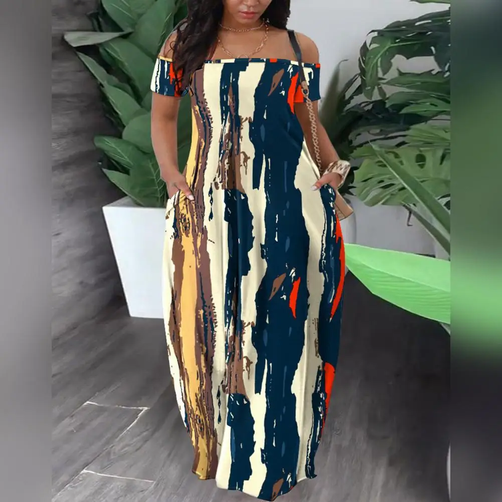 

Lightweight Printed Dress Women Colorful Digital Print Backless Design Pockets Off Shoulder Maxi Dress