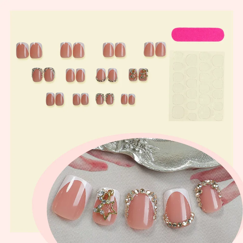 24Pcs French Short Square White Reusable False Nail Tips with Rhinestone Star Chain Nude Pink Acrylic Lovely Nails Fashion Set
