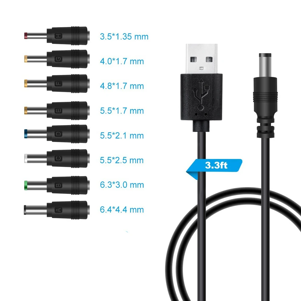 DC Charging Power Cord USB To 5.5*2.1 Multifunctional DC Interchangeable Plug Male 8-in-1 Charging Cable