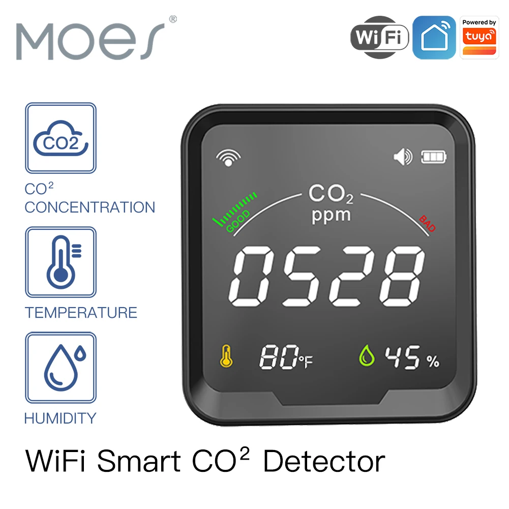 Moes-Détecteur de CO2 intelligent Tuya, testeur de température et d'humidité, détecteur de dioxyde de carbone 3 en 1, moniteur de qualité de l'air, capteur d'alarme WiFi