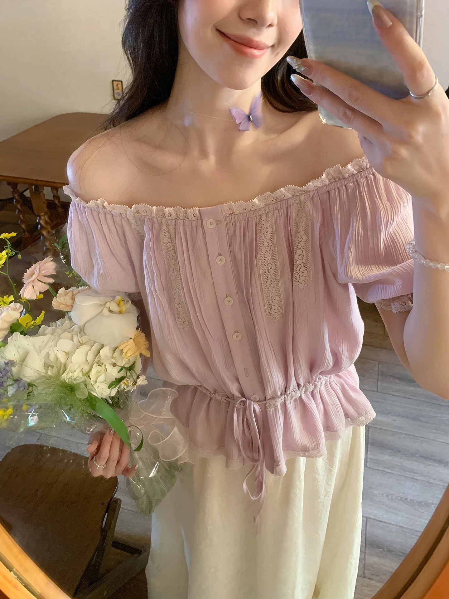 

Корейская женская летняя блузка Even-wen High nce Sensationsoft с кружевом и одним открытым плечом, повседневная, свободного кроя